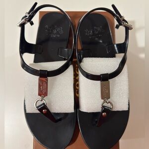 Coach Plato Women Size 7 Black Jelly TStrap Thong Sandals Slingback Silver Logo